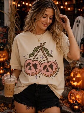 Graphic Halloween Cherry Skull Tee - Beige Pink